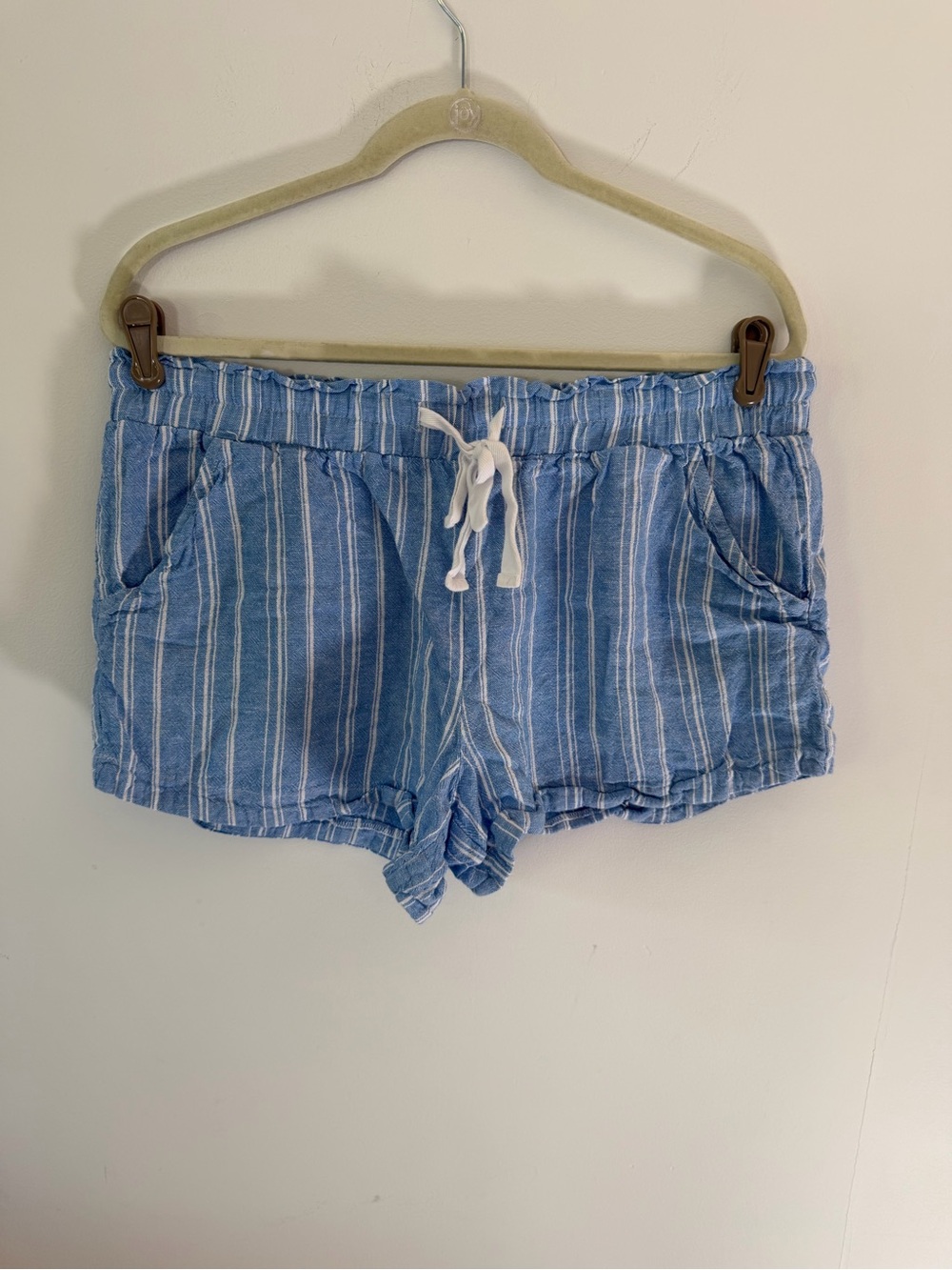 High-Waist Light Blue Striped Drawstring linen blend Shorts
